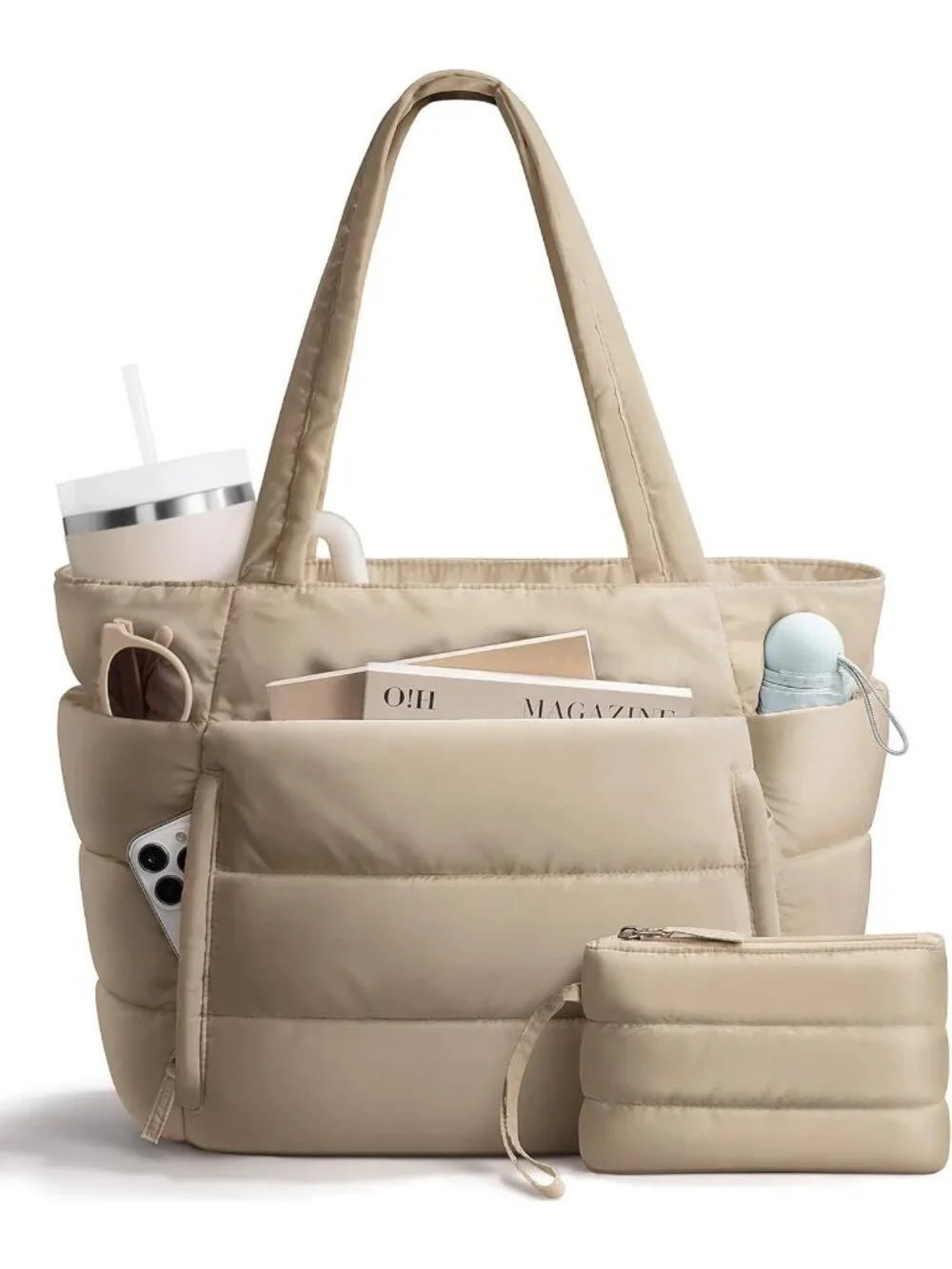 👜Women's Camel Puffer Tote Bag 16 Pockets Work Gym Travel Laptop Handbag Purse